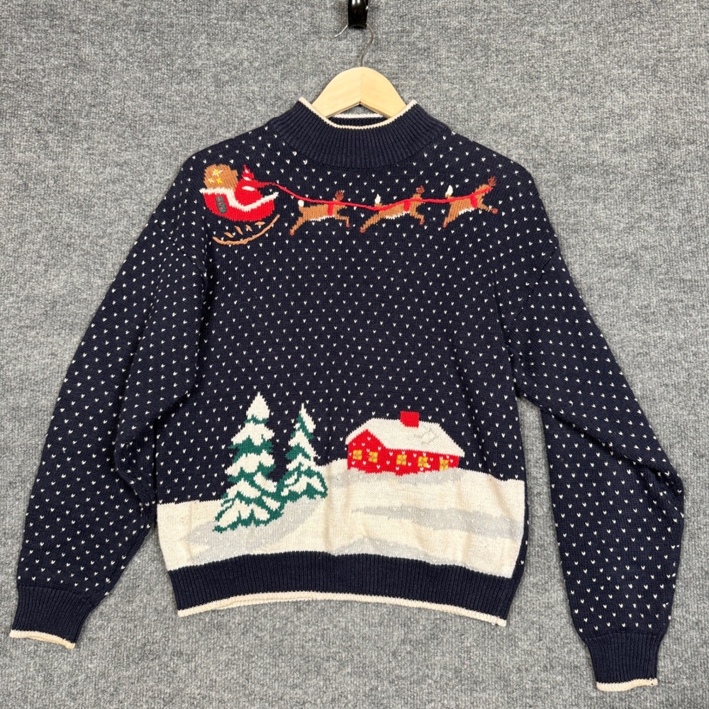 Vtg That's Me! Size Medium Christmas Sweater Navy Ramie Cotton Festive Fair Isle